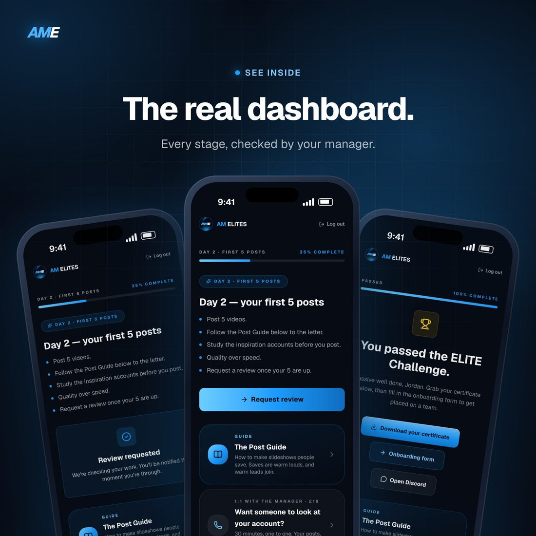 The real AM Elites member dashboard
